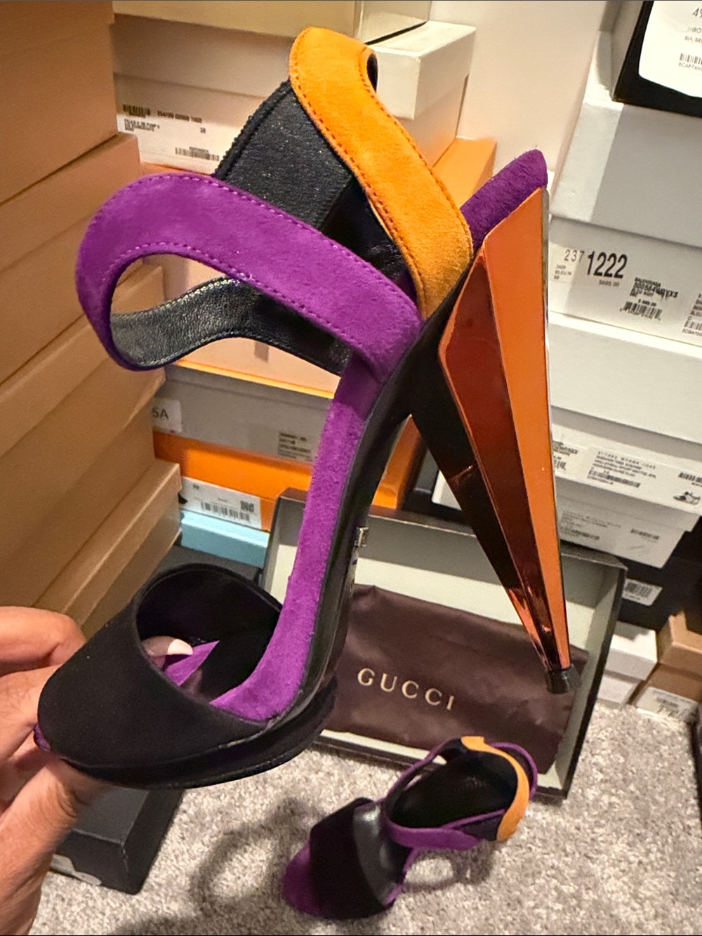 GUCCI Purple and Orange Strappy Colorblock Heels
